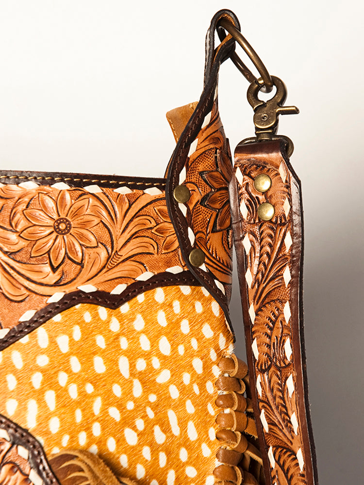 American Darling Hand Tooled Genuine Leather Large Cross Body Bag Women's Floral Carved Purse with Turquoise Concho & Fringes