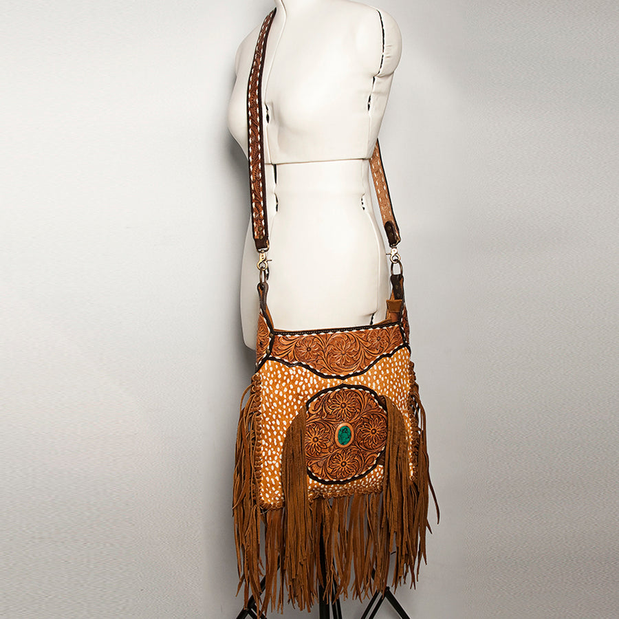 American Darling Hand Tooled Genuine Leather Large Cross Body Bag Women's Floral Carved Purse with Turquoise Concho & Fringes