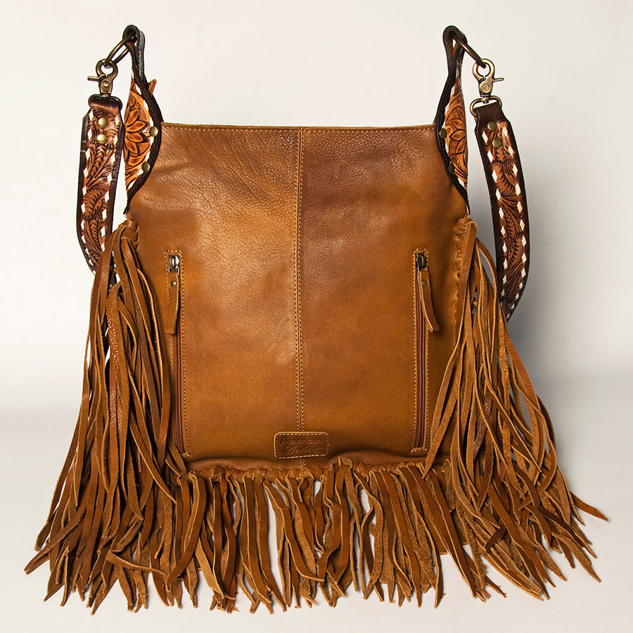 American Darling Hand Tooled Genuine Leather Large Cross Body Bag Women's Floral Carved Purse with Turquoise Concho & Fringes