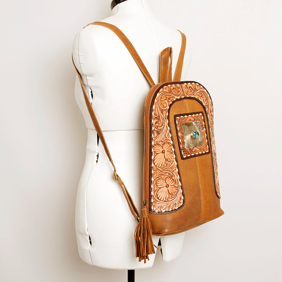 American Darling Hand Tooled Genuine Leather Backpack Women's Floral Carved Western Bag with Turquoise Concho & YKK Zipper