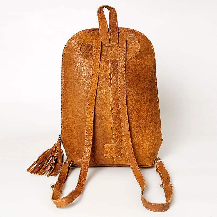 American Darling Hand Tooled Genuine Leather Backpack Women's Floral Carved Western Bag with Turquoise Concho & YKK Zipper