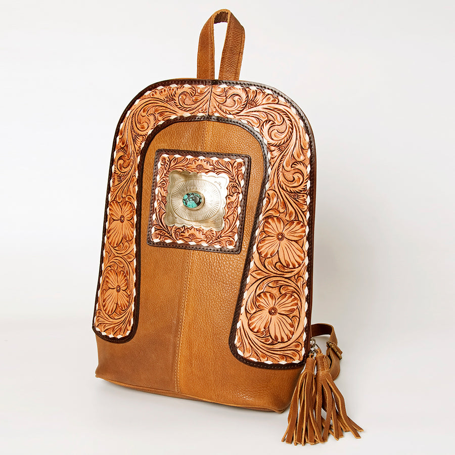 American Darling Hand Tooled Genuine Leather Backpack Turquoise Concho - Uhorse