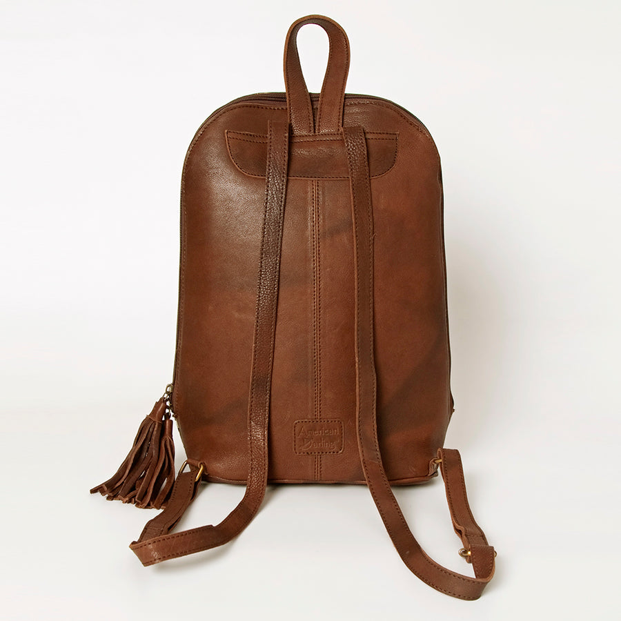 American Darling Hand Tooled Genuine Leather Backpack Women's Floral Carved Western Bag with Turquoise Concho & YKK Zipper