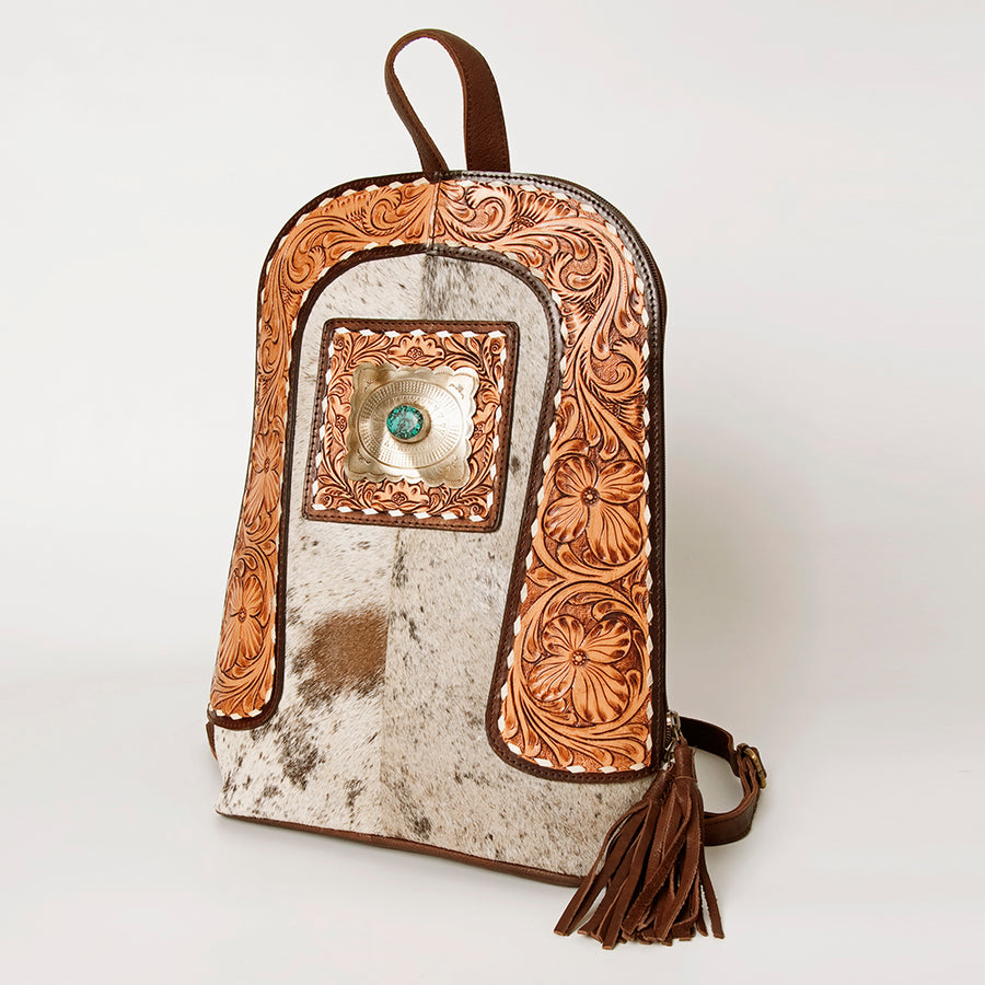 American Darling Hair-On Cowhide Backpack Hand Tooled Floral Carved - Uhorse