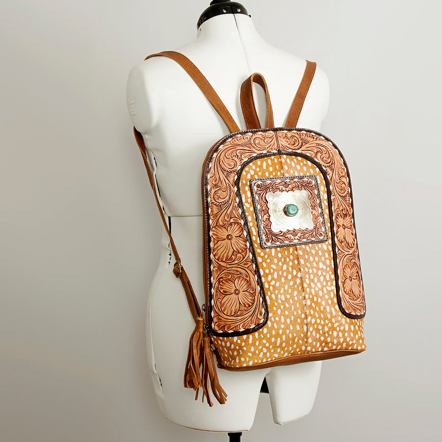 American Darling Hand Tooled Genuine Leather Backpack Women's Floral Carved Western Bag with Turquoise Concho & YKK Zipper