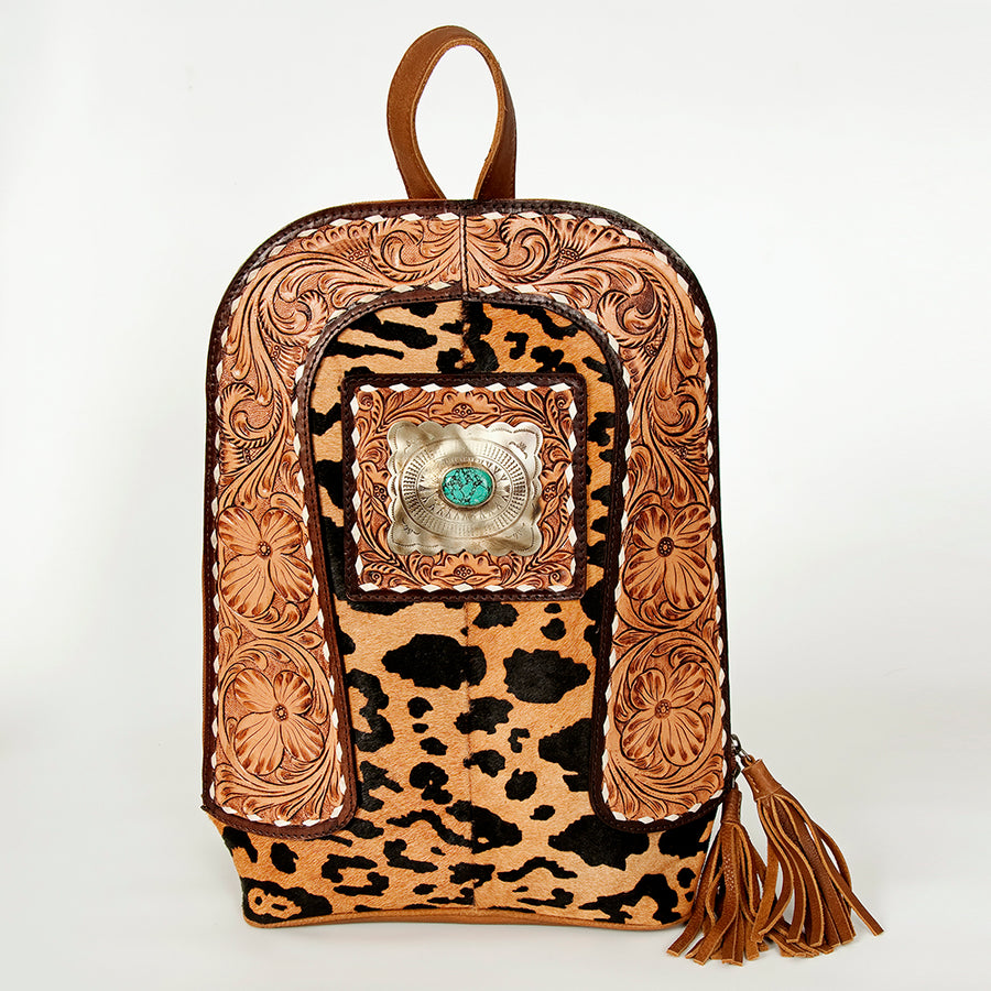 American Darling Hand Tooled Genuine Leather Backpack Women's Floral Carved Western Bag with Turquoise Concho & YKK Zipper