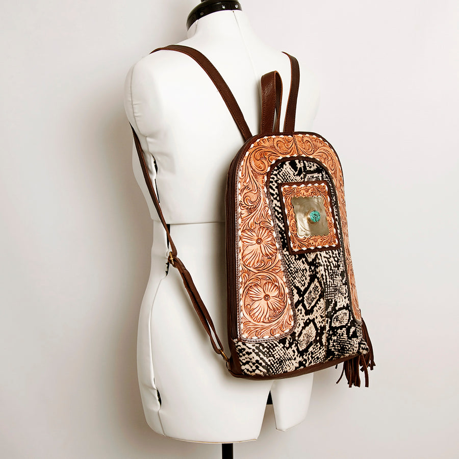 American Darling Hand Tooled Genuine Leather Backpack Women's Floral Carved Western Bag with Turquoise Concho & YKK Zipper