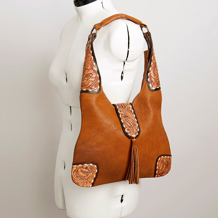 American Darling Women's Hobo Bag Hand Tooled Floral Carved Genuine Leather Buck Stitched Vegetable-Tanned YKK Zipper