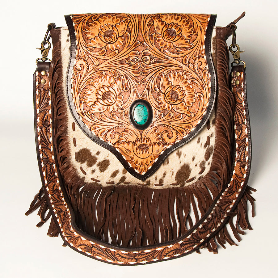 American Darling Hand Tooled Floral Carved Messenger Bag with Fringes Hair-on Cowhide Vegetable-Tanned Genuine Leather YKK Zipper