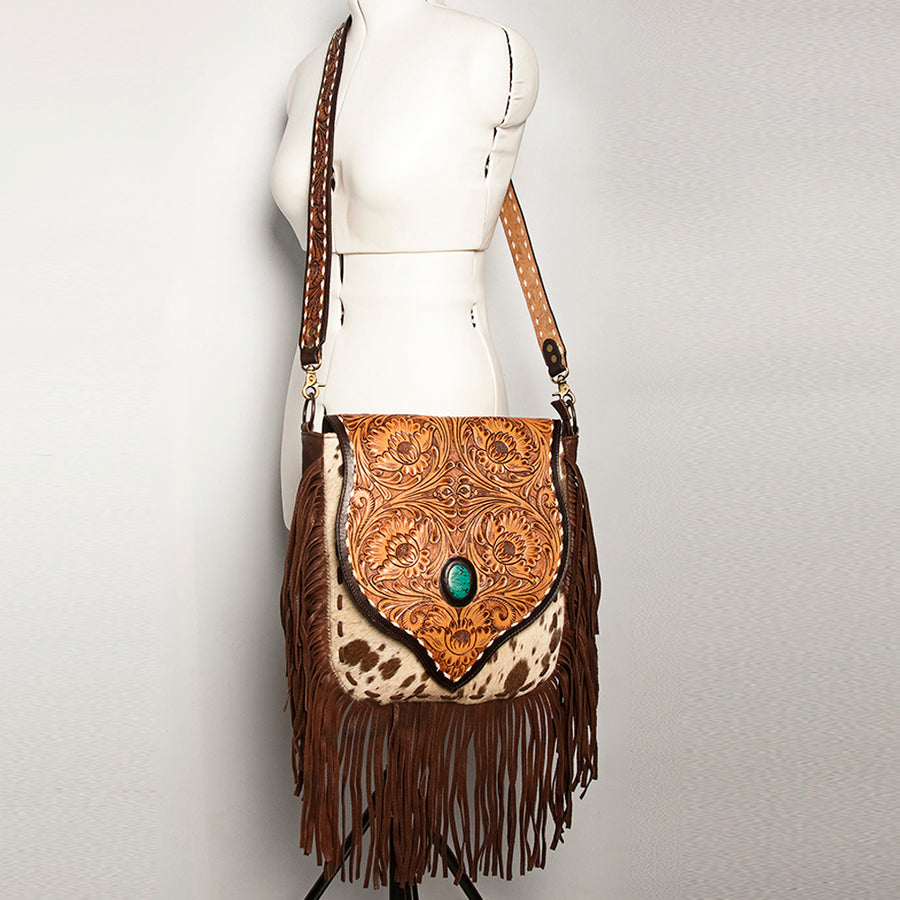 American Darling Hand Tooled Floral Carved Messenger Bag with Fringes Hair-on Cowhide Vegetable-Tanned Genuine Leather YKK Zipper