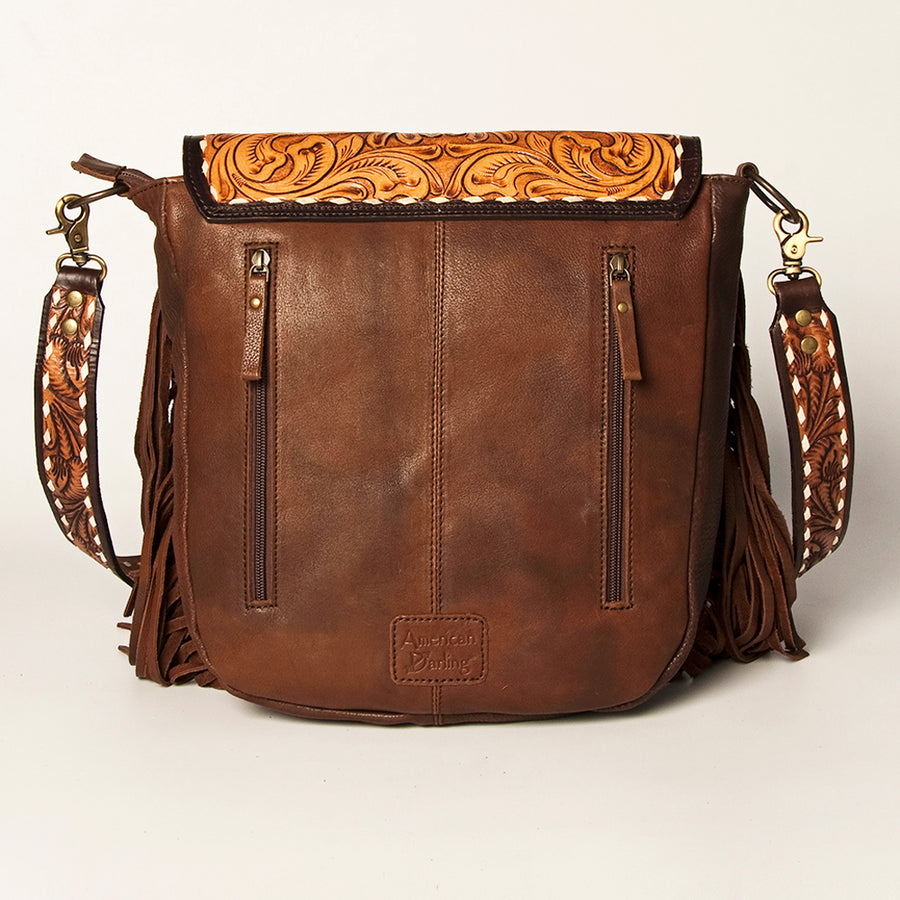 American Darling Hand Tooled Floral Carved Messenger Bag with Fringes Hair-on Cowhide Vegetable-Tanned Genuine Leather YKK Zipper