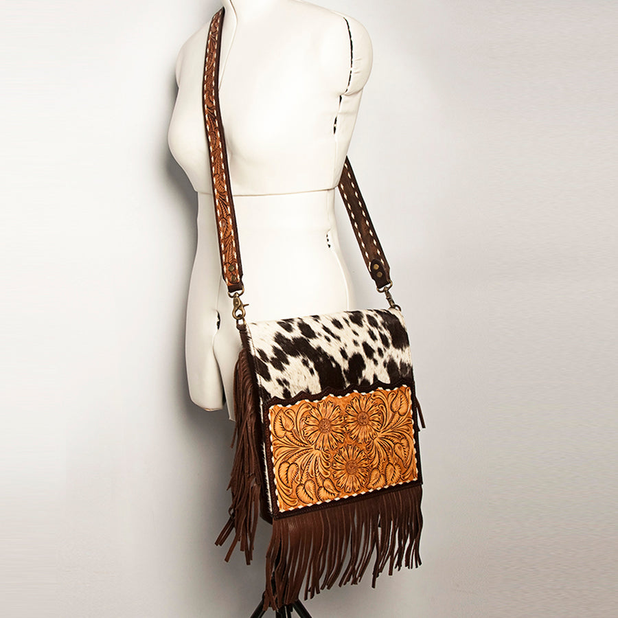 American Darling Hand Tooled Floral Carved Messenger Bag with Fringes Hair-On Cowhide Vegetable-Tanned Genuine Leather YKK Zipper
