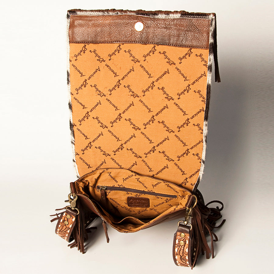 American Darling Hand Tooled Floral Carved Messenger Bag with Fringes Hair-On Cowhide Vegetable-Tanned Genuine Leather YKK Zipper