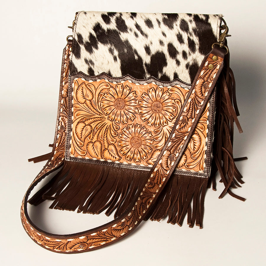 American Darling Hair-On Cowhide Messenger Bag Hand Tooled Genuine Leather - Uhorse