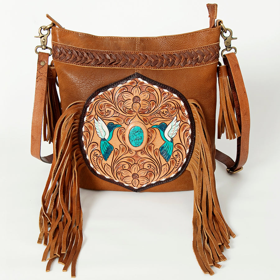 American Darling Women's Large Cross body Bag Hand Tooled Floral Carved Fringes Braided Genuine Leather YKK Zipper