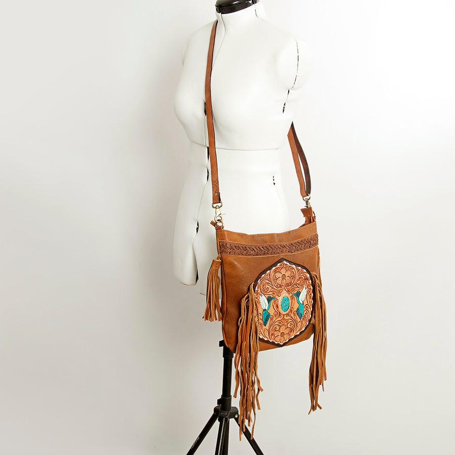 American Darling Women's Large Cross body Bag Hand Tooled Floral Carved Fringes Braided Genuine Leather YKK Zipper