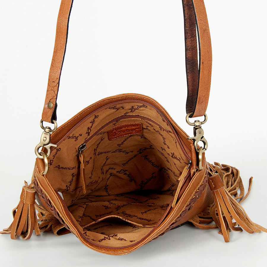 American Darling Women's Large Cross body Bag Hand Tooled Floral Carved Fringes Braided Genuine Leather YKK Zipper