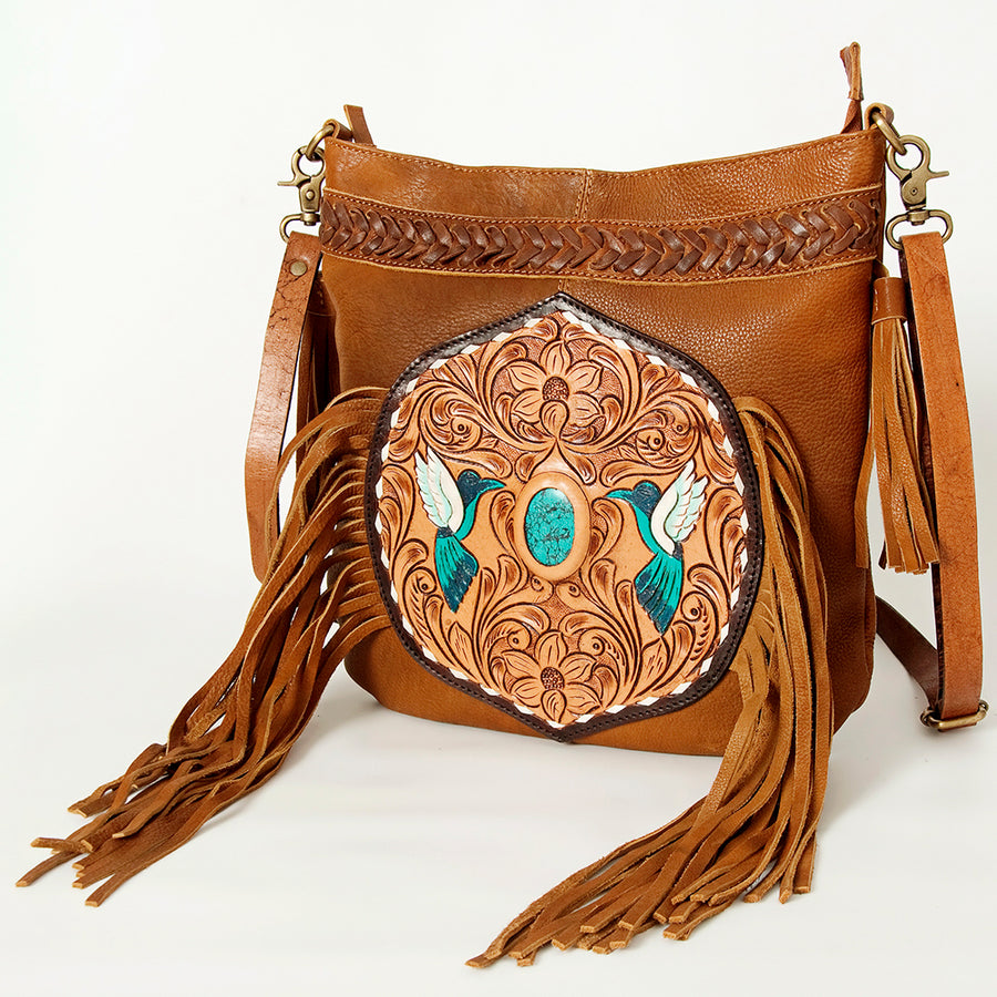 American Darling Large Cross body Bag Hand Tooled Genuine Leather Fringes - Uhorse