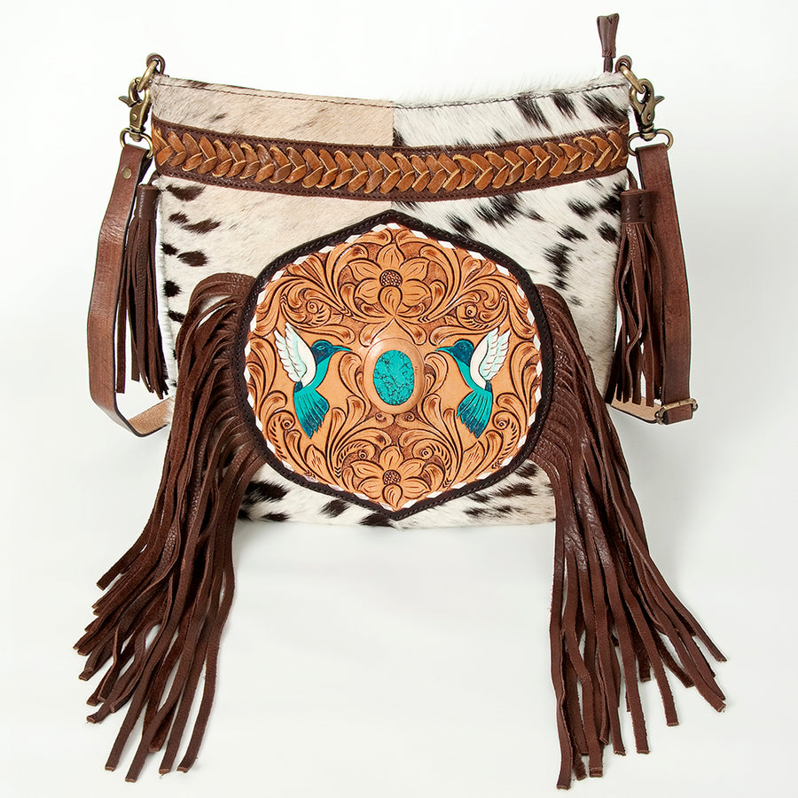 American Darling Women's Large Cross body Bag Hair-On Cowhide Hand Tooled Fringes Braided Genuine Leather YKK Zipper