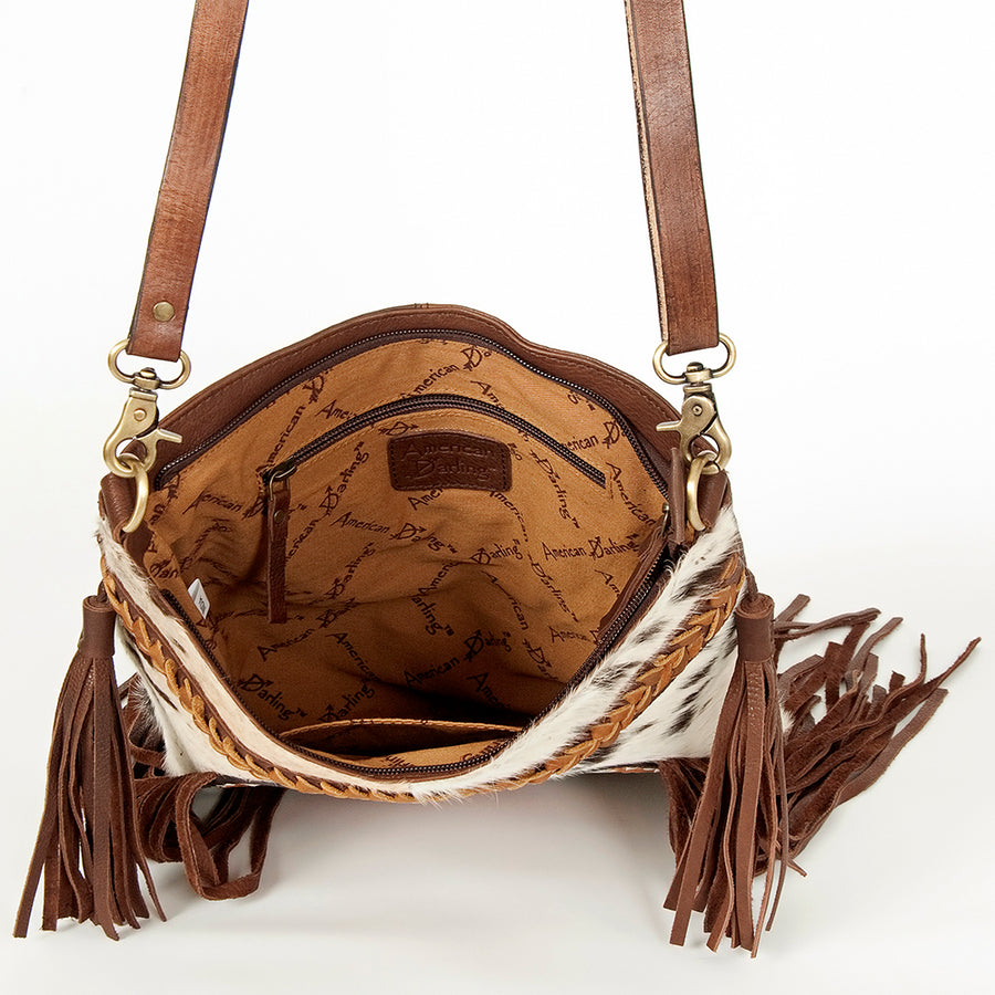 American Darling Women's Large Cross body Bag Hair-On Cowhide Hand Tooled Fringes Braided Genuine Leather YKK Zipper