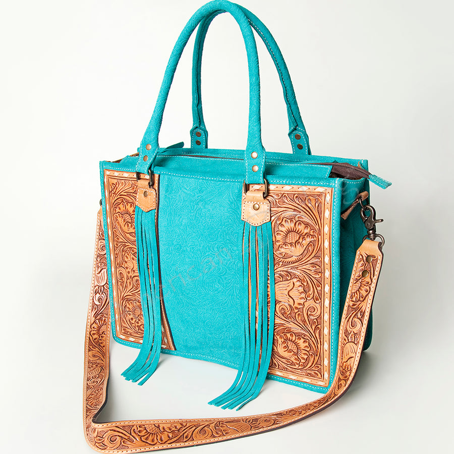 American Darling Western Leather Tote Bag - Hand Tooled Floral Carved Damascus Purse - Uhorse