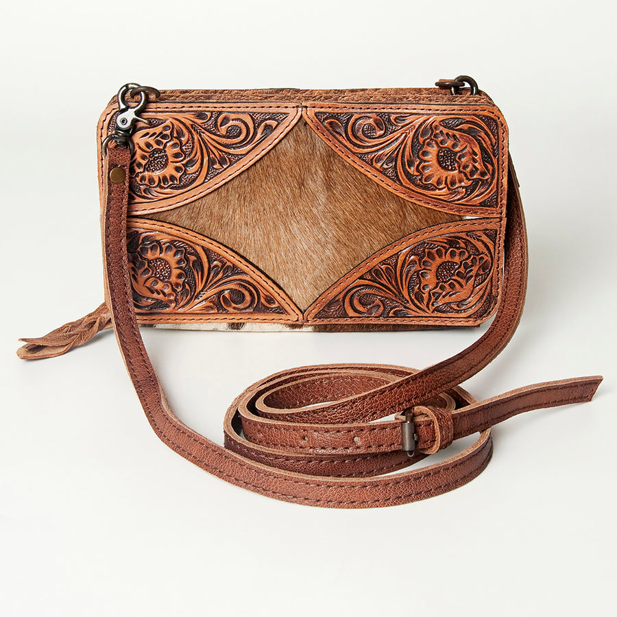 American Darling Wallet, Hand Tooled Floral Leather & Hair-On Cowhide, Genuine Full Grain Western Crossbody Wallet, 5x9x1.5in