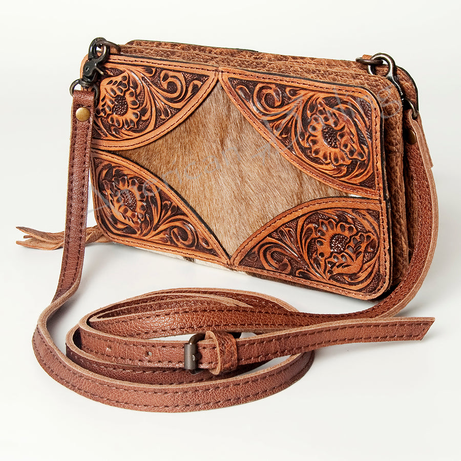 American Darling Hand Tooled Leather Wallet with Floral Carving and Hair-On Cowhide - Uhorse