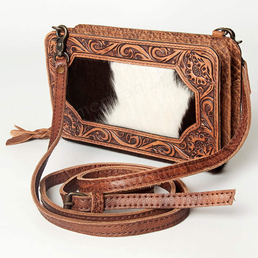 American Darling Hand Tooled Leather Wallet - Floral Carved and Hair-On Cowhide Western Clutch - Uhorse