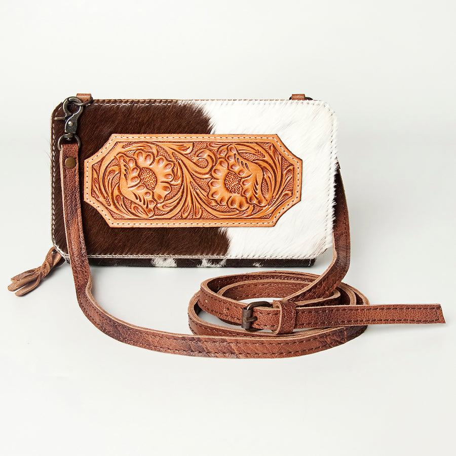 American Darling Small Cross body Bag, Hand Tooled Floral Leather & Hair-On Cowhide, Genuine Full Grain Western Purse