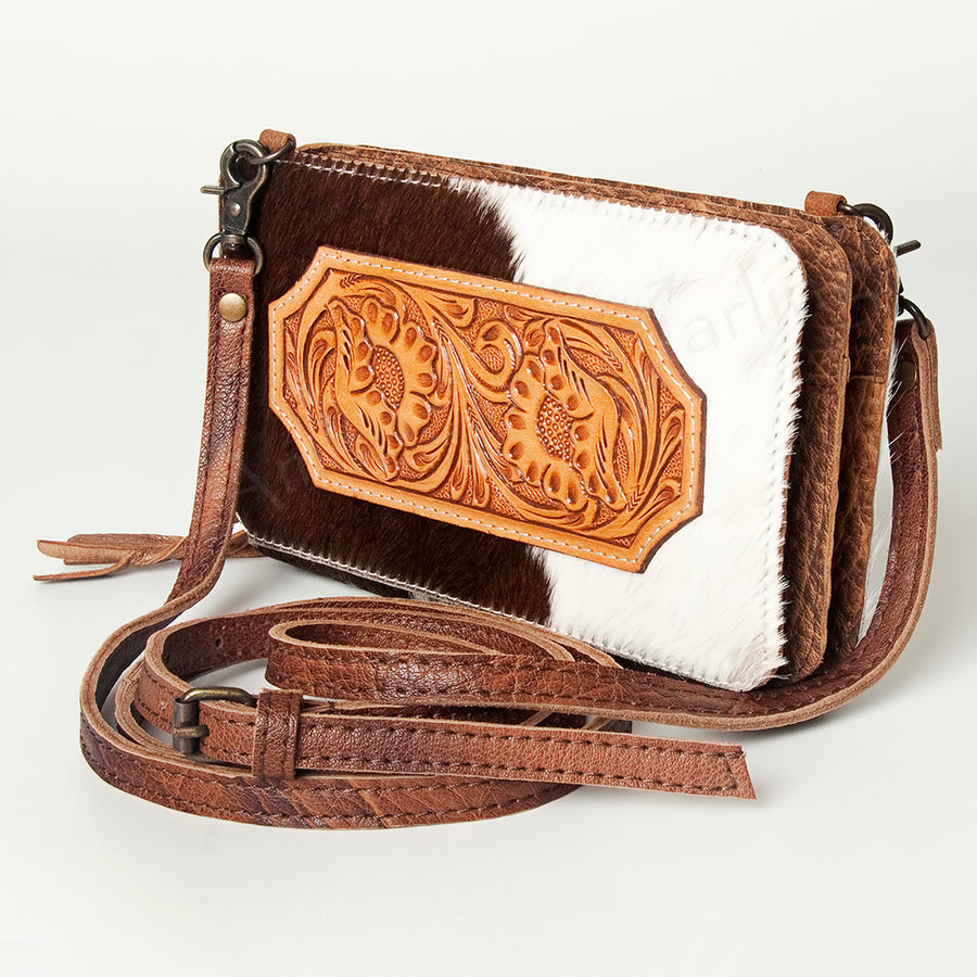 American Darling Hand Tooled Leather Small Cross body Bag with Hair-On Cowhide - Uhorse