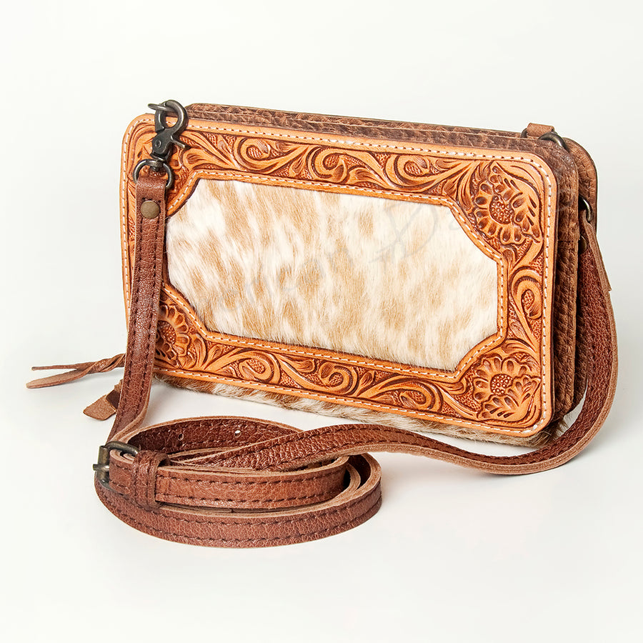 American Darling Hand Tooled Leather Small Cross body Bag with Hair-On Cowhide - Uhorse