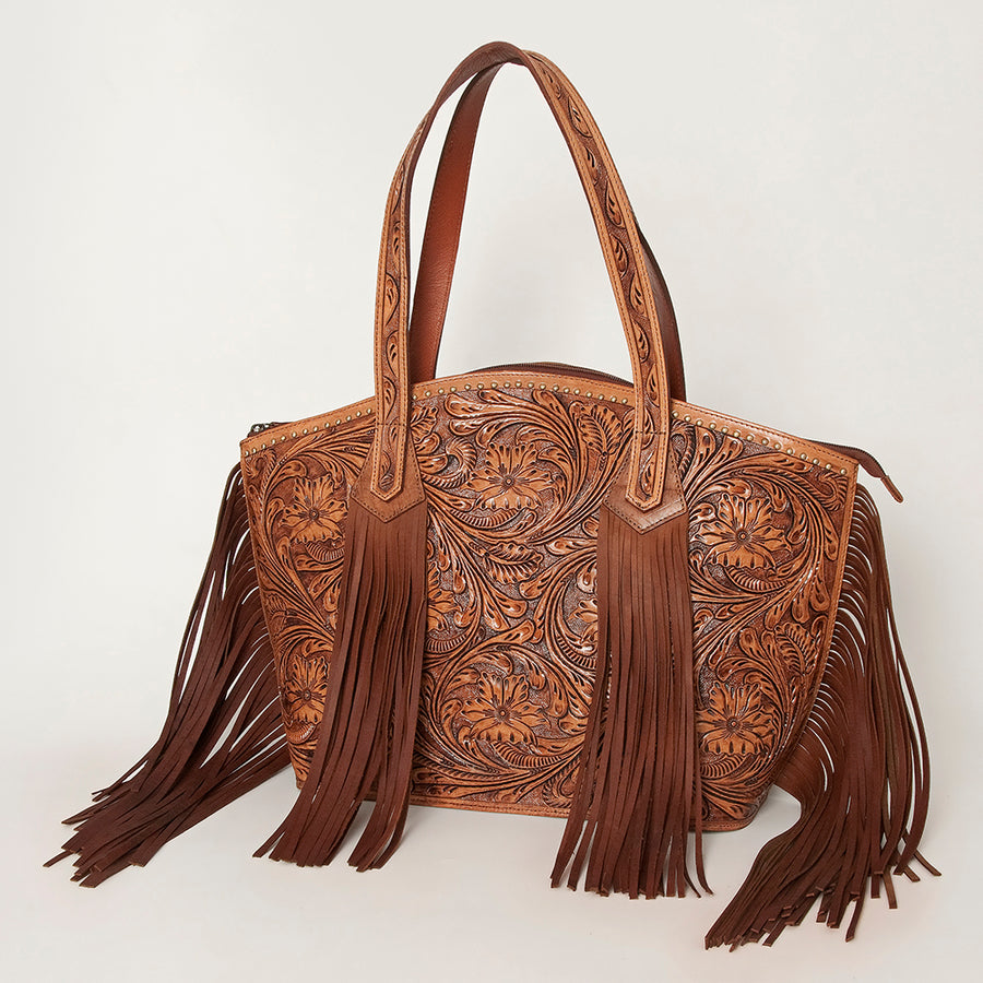 American Darling Tote Bag, Hair-On Cowhide Western Leather Purse with Fringes, Handcrafted, 13in (H) X 19.5in (W) X 7in (D)