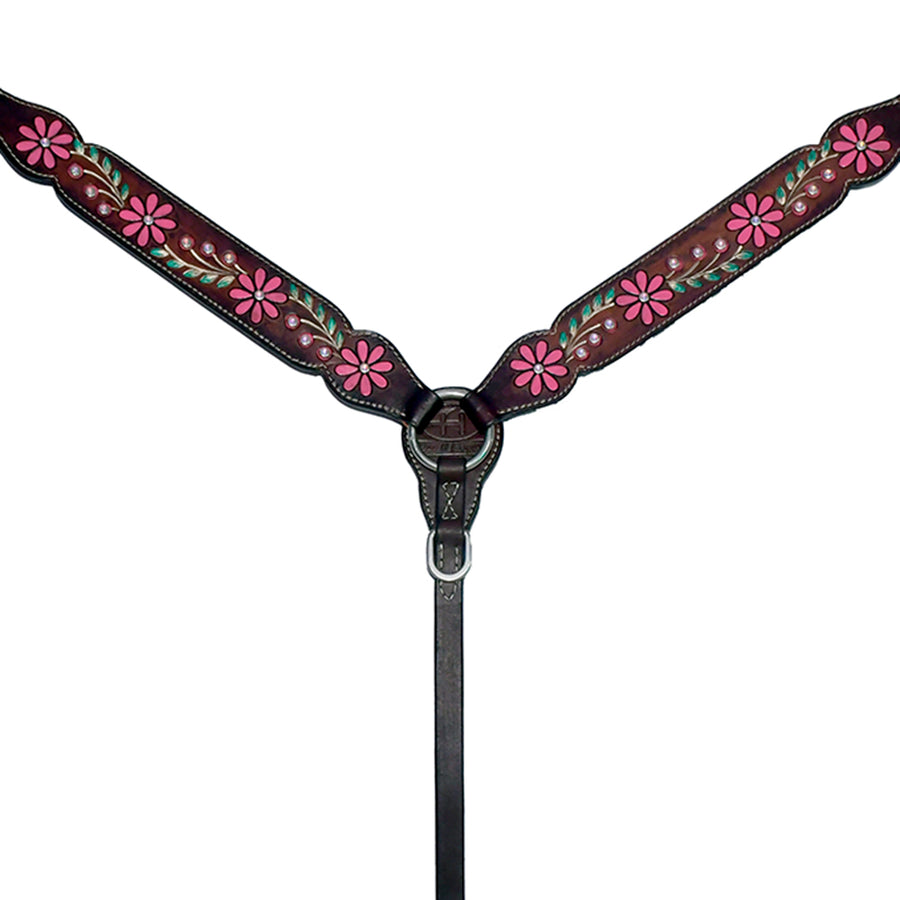 Black leather breast collar with pink floral tooling - Uhorse