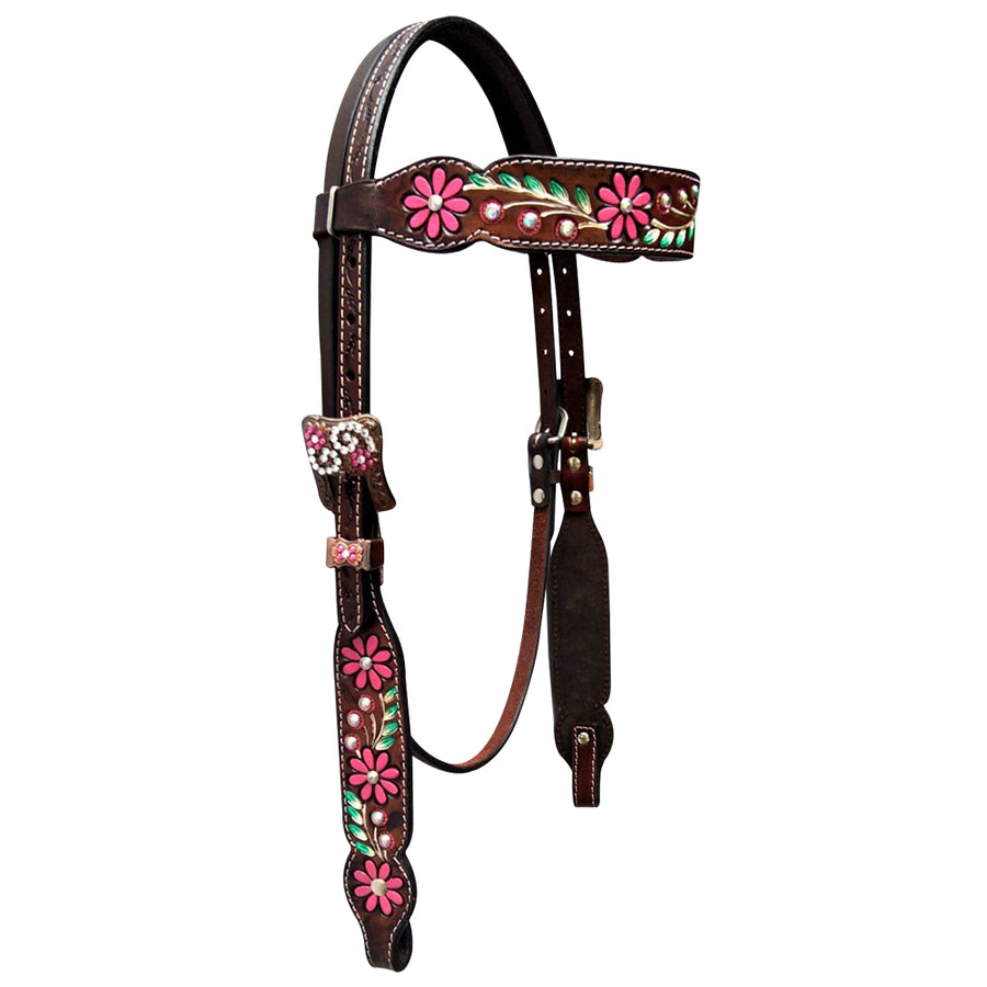 Bar H Equine Horse Leather Floral Hand Painted Headstall Brown - Uhorse