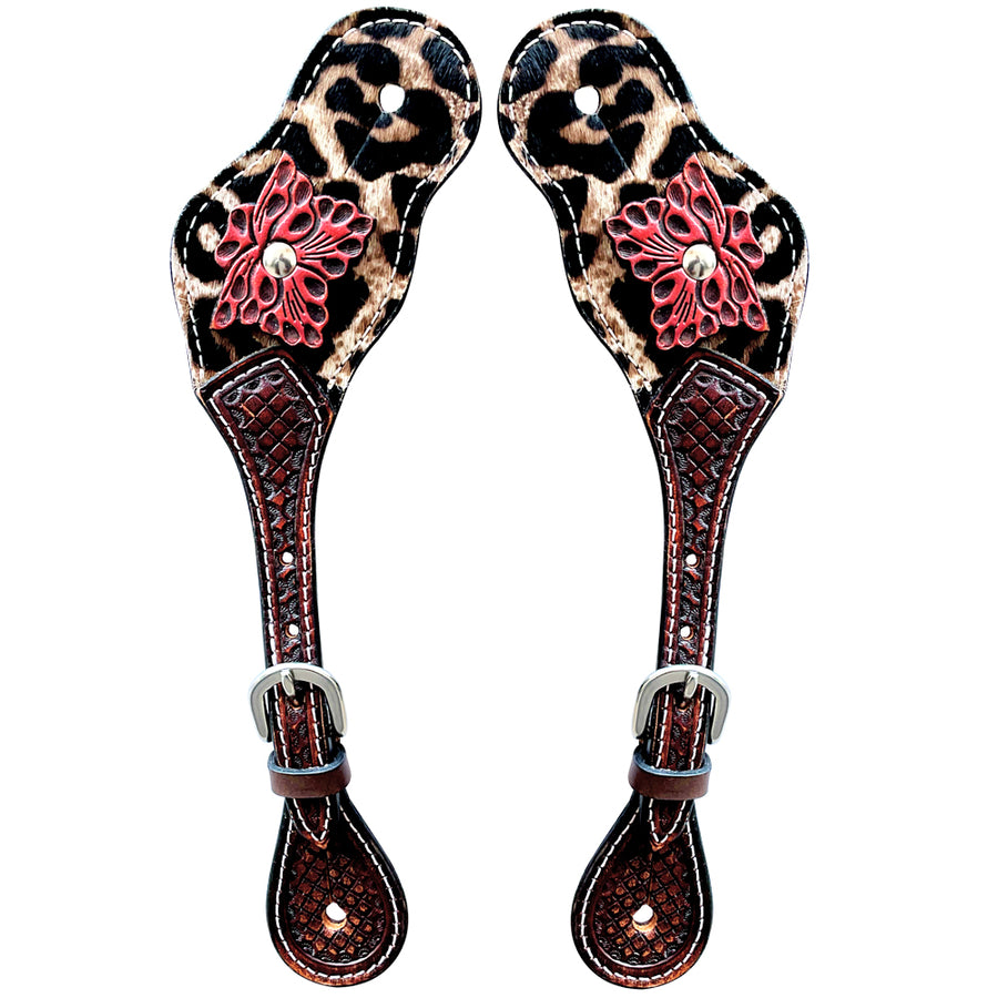Leather spur straps with leopard print and red floral tooling - Uhorse