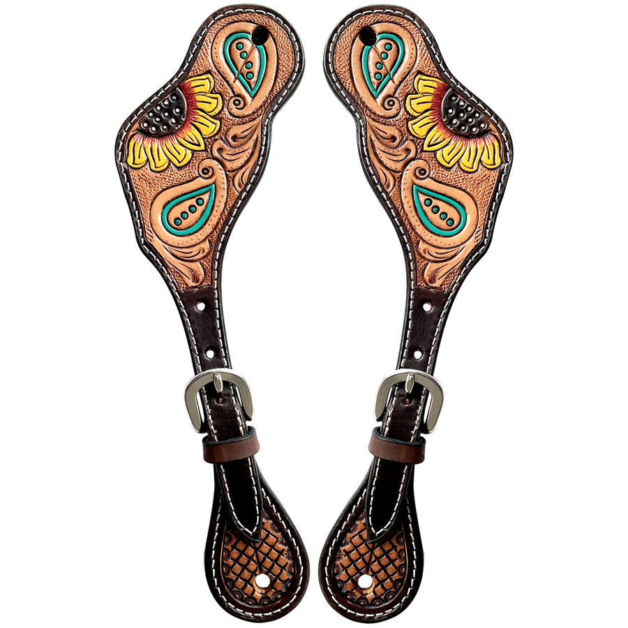 Leather spur straps with tooled turquoise and yellow floral design - Uhorse