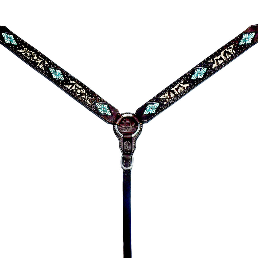 Black leather breast collar with turquoise floral tooling - Uhorse