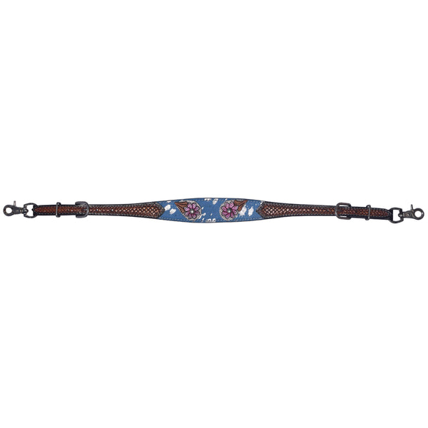 Blue floral leather horse cinch with brown mesh sides - Uhorse