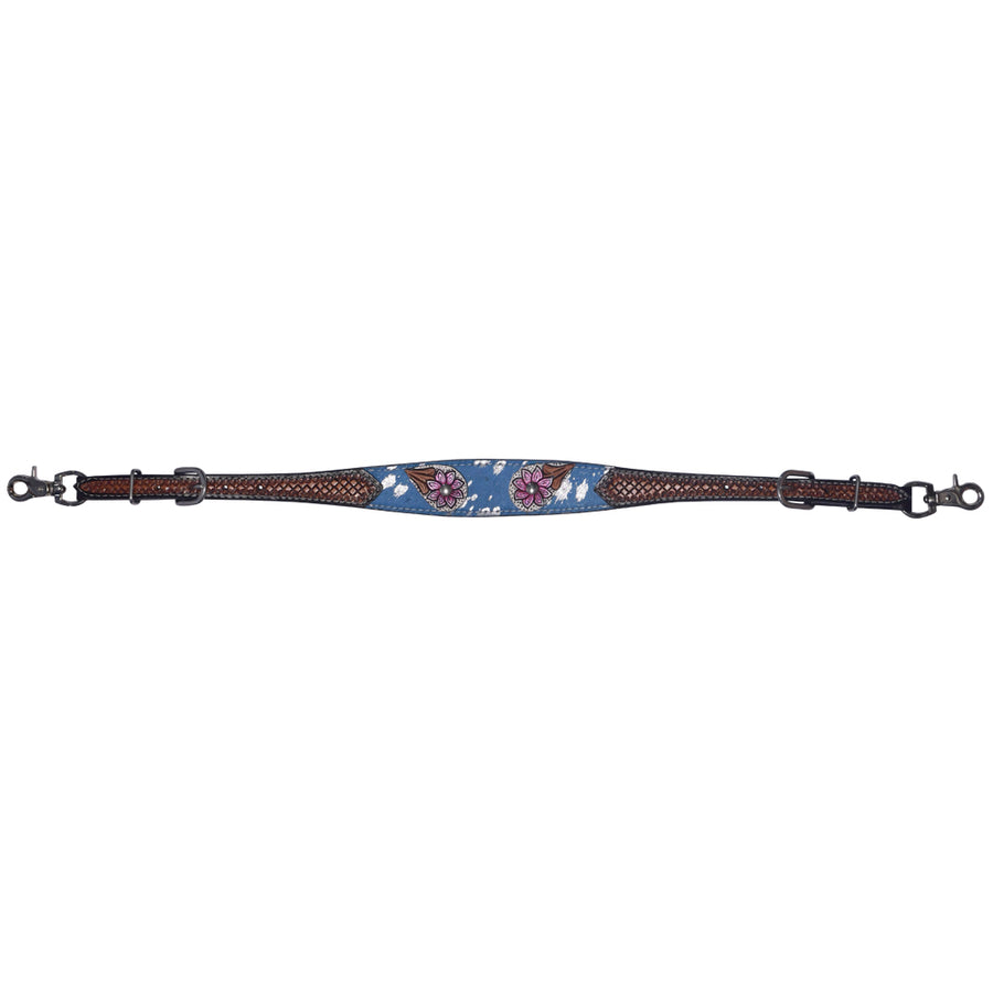 Blue floral leather horse cinch with brown mesh sides - Uhorse