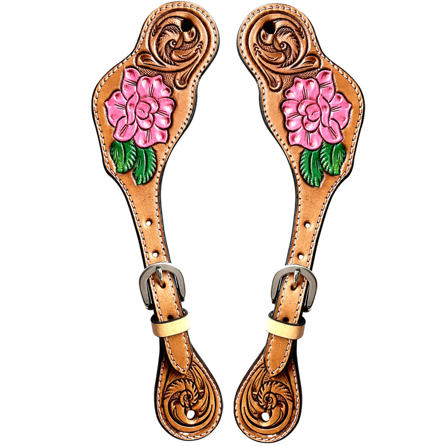 Leather spur straps with pink floral tooling - Uhorse