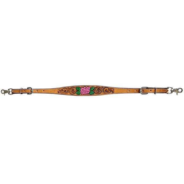 Leather horse breast collar with tooled design and pink floral inlay - Uhorse