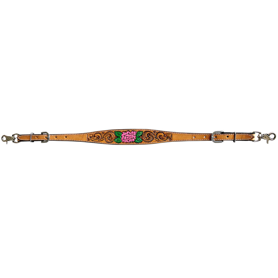 Leather horse breast collar with tooled design and pink floral inlay - Uhorse