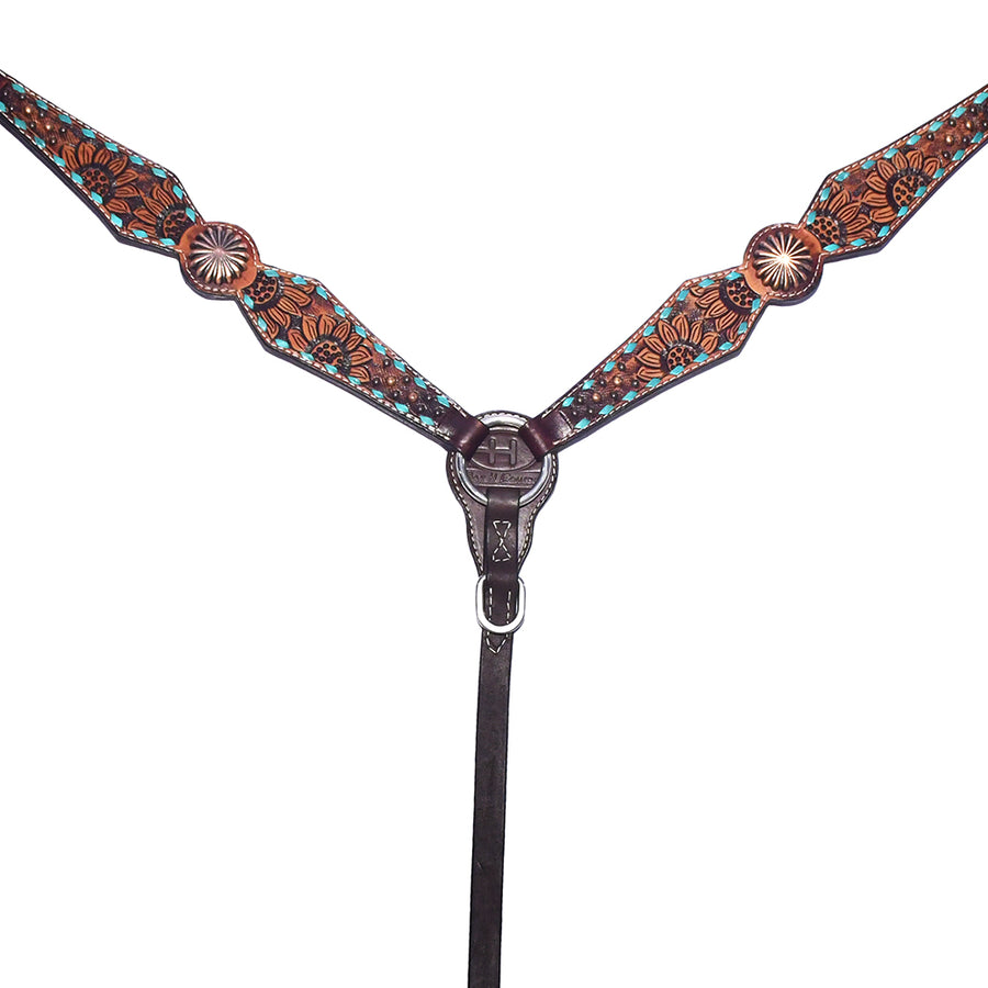 Leather breast collar with tooled floral design and concho hardware - Uhorse