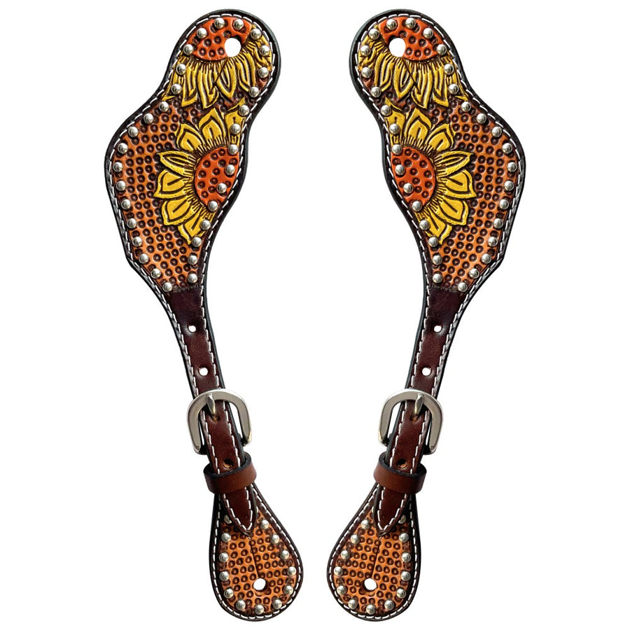 Leather spur straps with tooled sunflower design - Uhorse