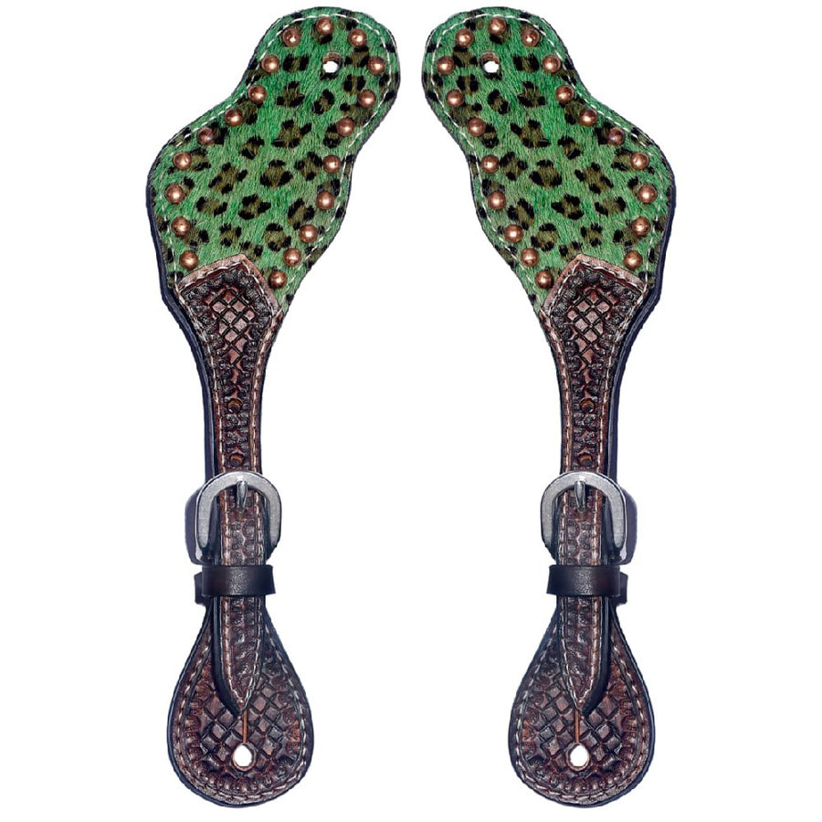 Leather spur straps with green leopard print and copper conchos - Uhorse
