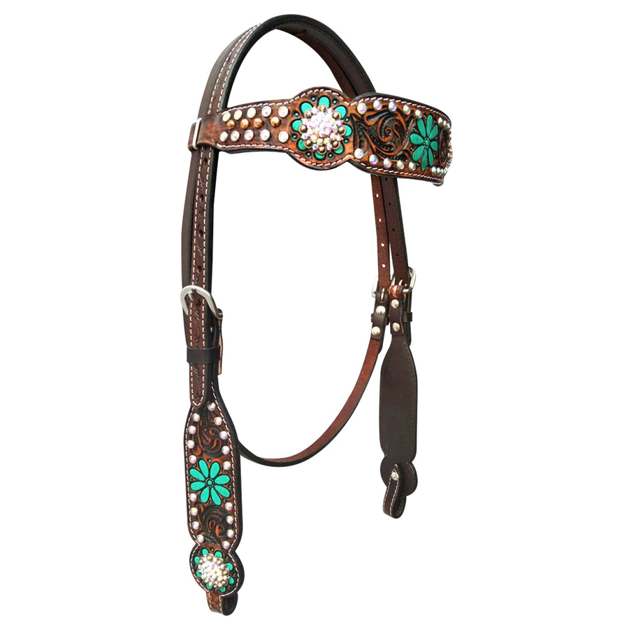 Brown leather headstall with turquoise floral tooling and silver studs - Uhorse