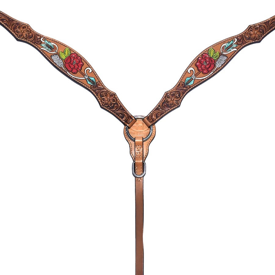 Bar H Equine Western Horse Genuine Leather Floral Design Hand Painted Breast Collar Tan - Uhorse