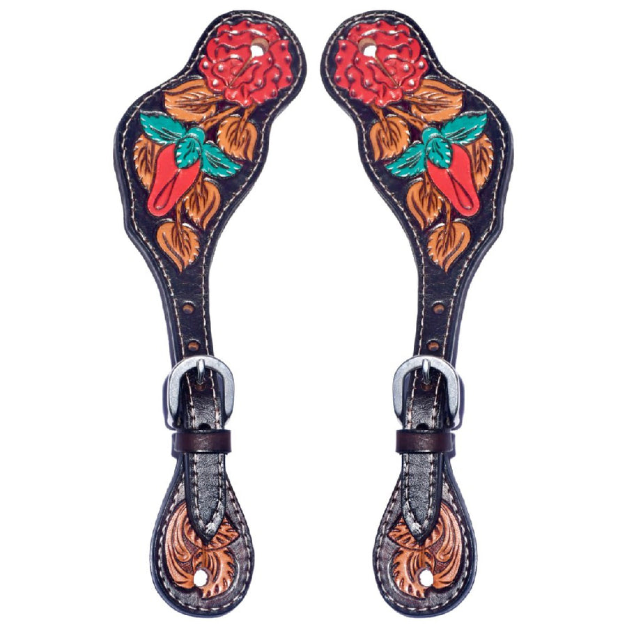 Leather spur straps with floral tooling - Uhorse
