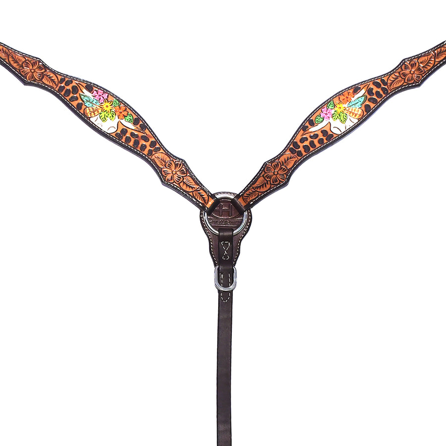 Leather breast collar with tooled floral design and colorful inlay - Uhorse