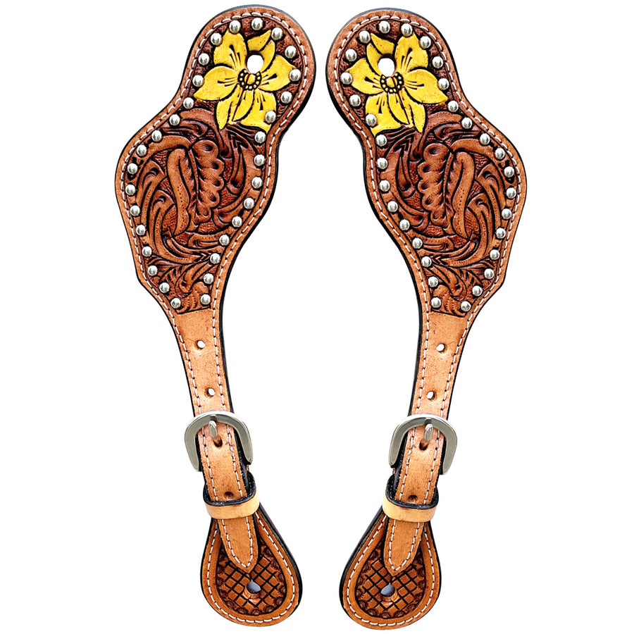 Leather spur straps with tooled floral design and yellow flower inlay - Uhorse